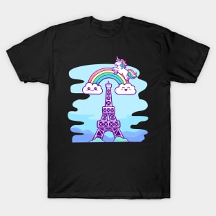 Magical Monochrome: Kawaii Unicorn and Rainbow Eiffel Tower T-Shirt